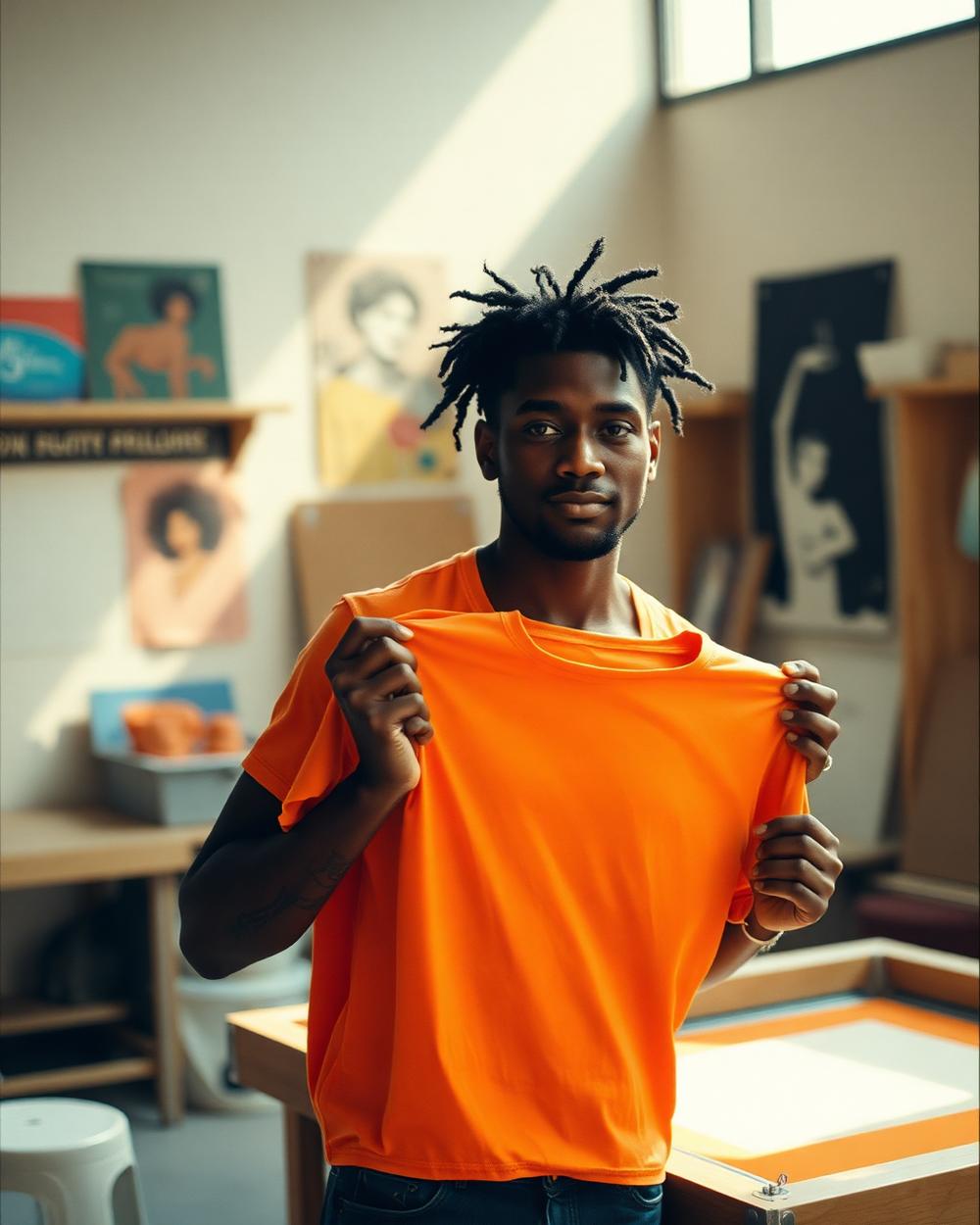 Den, fundador de Santa Chula Factory, sosteniendo una camiseta recién impresa